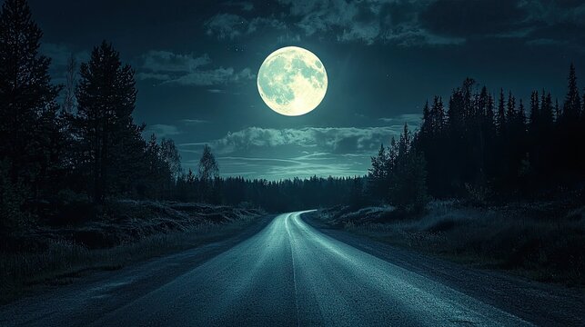 Moonlit road winding through a dark forest.