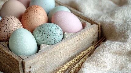 Pastel eggs arranged on cream linen with wheat stalks for egg day