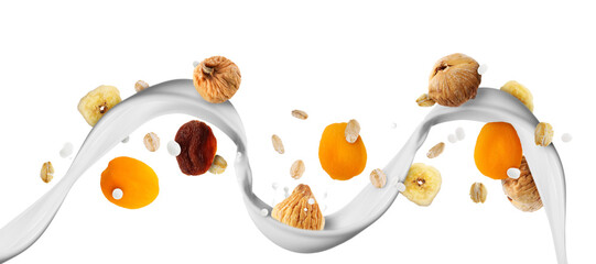 Milk flow with oat flakes and dried fruits in air on white background. Healthy breakfast