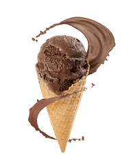 Chocolate ice cream in waffle cone and splash of milk on white background