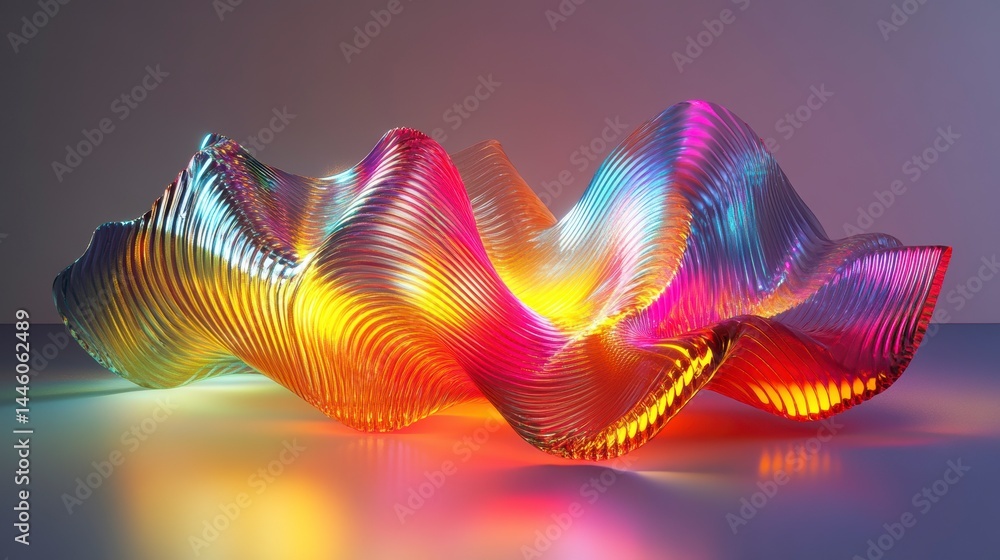 Wall mural abstract colorful glass sculpture with wave-like forms and iridescent glow, reflecting light on a ne