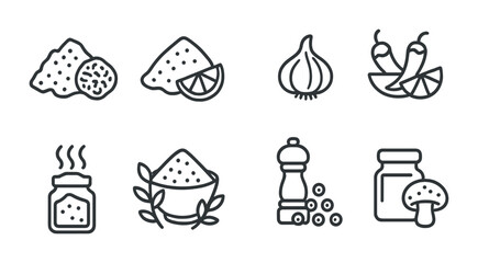 Spices and cooking outline icons set – linear style culinary, kitchen, and ingredients symbols for recipe design: garlic, chili peppers, salt and pepper, lemon, jam, cookies.