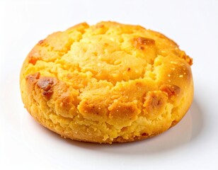 Golden cornbread muffin with crispy edges on white background