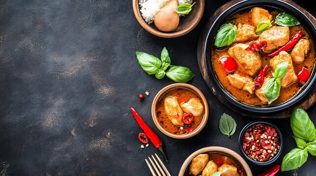 Spicy chicken curry served in a dark, earthenware pot, alongside rice and chili peppers.  Small bowls of curry and herbs are scattered around