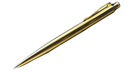 A golden pen with a clip resting diagonally on a  transparent background in a studio shot with soft lighting 