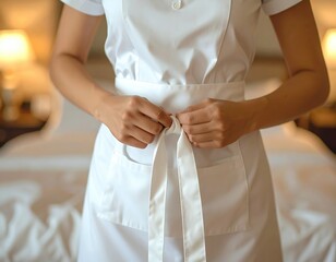 Female hotel staff tying apron in neatly organized room