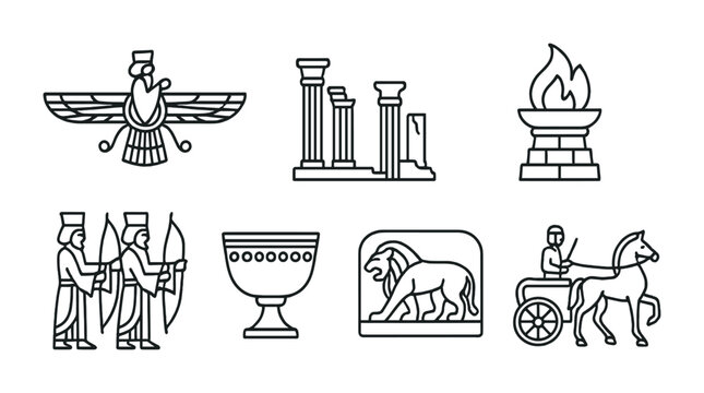 Ancient persia icons collection &ndash; outline style cultural heritage and history symbols: faravahar, columns, flame, warriors, goblet, lion, chariot