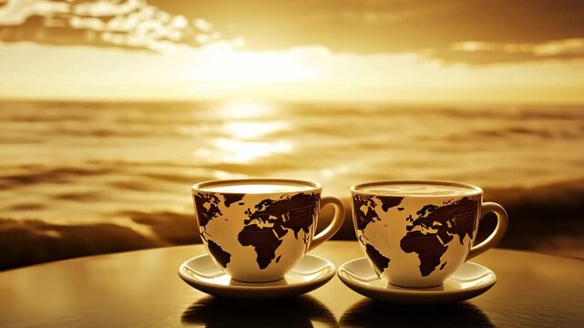 Sunrise over ocean with two coffee cups on table creates romantic atmosphere