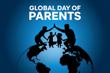 Silhouetted family under protective hands on globe with blue background