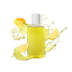 Mouthwash in bottle, splashes and lemon pieces isolated on white