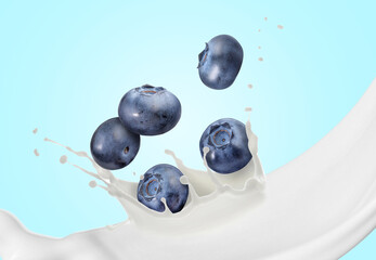 Milk splash and fresh blueberries in air on light blue background
