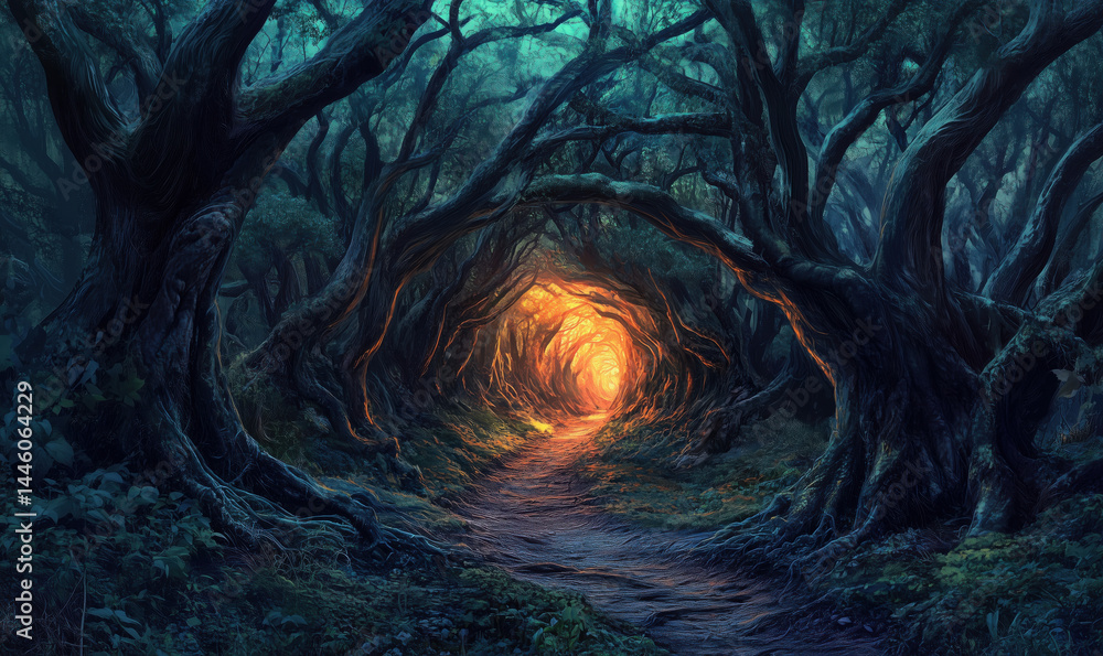 Poster mysterious forest path illuminated by glowing light at the end of twisted trees.