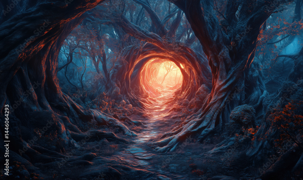 Poster mysterious glowing pathway through enchanted forest with twisted trees and ethereal light.
