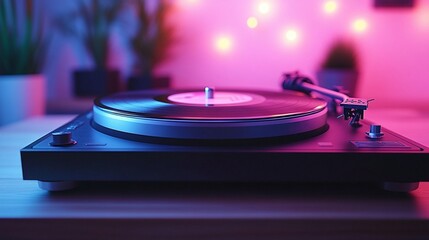 Vinyl record player on wooden table with pink and blue neon lights.
