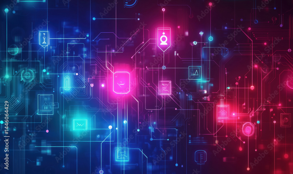 Poster abstract digital technology background with glowing circuit patterns and icons.