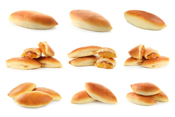 Tasty baked patties isolated on white, set