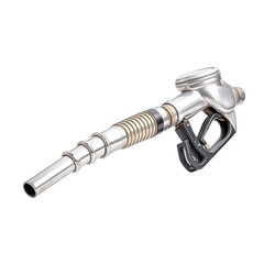 A silver gas nozzle is shown isolated on a white background with black handle
