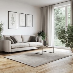 Modern, light-filled living room interior design.