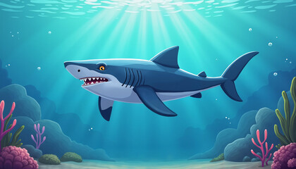 Obraz premium Cartoon shark swimming in vibrant underwater scene 