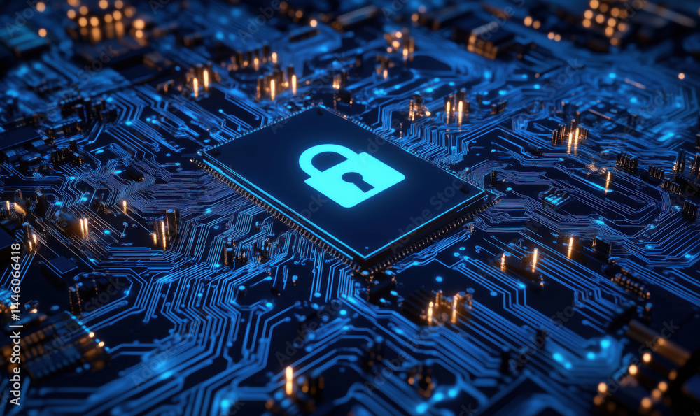 Poster digital security concept with lock symbol on microchip in blue circuit board background.
