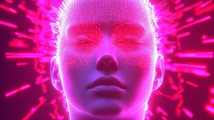 Futuristic digital face, glowing purple neon lights illuminating a serene robotic visage, highlighting advanced technology themes.