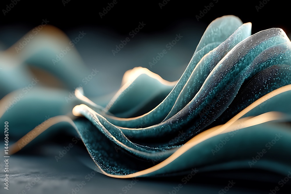 Poster abstract wavy layers with golden edges and light blue texture on dark background
