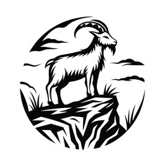 Majestic Goat Silhouette on Rocky Cliff, Circular Frame, Curved Horns, Mountain