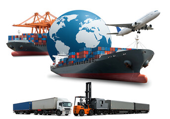 Illustration of global shipping and logistics, showing various modes of cargo transportation around the world.