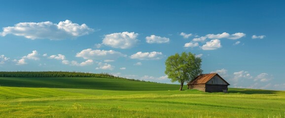 Obraz premium Rural spring landscape. Rural landscape with green field, blue sky and wooden hunting shack , South Moravia, Czech Republic 125 --v 6.0 - Image #1 @kashif320