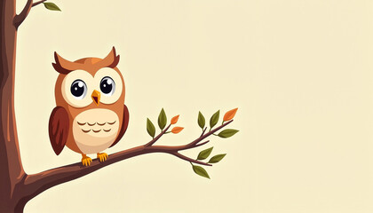 Fototapeta premium Cartoon owl sitting on a branch against a light background 