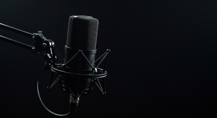 A focused shot of a black condenser microphone with a dark background and a microphone stand arm