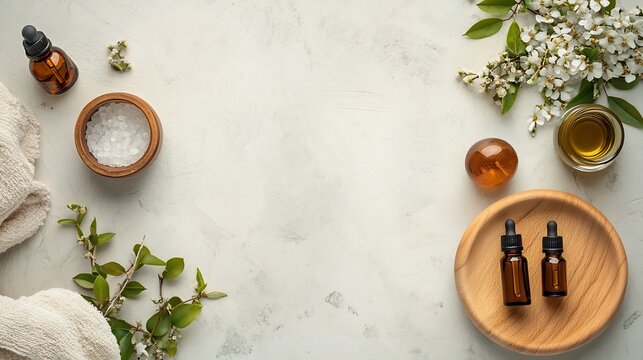 Peaceful top down view of a wellness table prepared for an aromatherapy session with essential oils