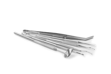 Dentist tools isolated on white background. Dentist Concept.Teethcare, dental health concept. Means to care for the oral cavity. Dental model and dental equipment. Dental hygiene. 