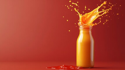 Fiery Hot Sauce Splashing from Glass Bottle - Spicy Chili Refreshment Splash
