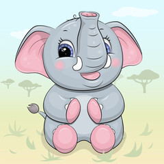 Cute cartoon elephant in nature. Vector illustration of an animal  in savannah.