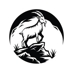 Striking Goat Silhouette on Rocks With Curved Horns; Monochrome Animal Icon Style
