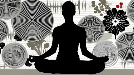 meditating while surrounded by floating nutritious foods and data rings