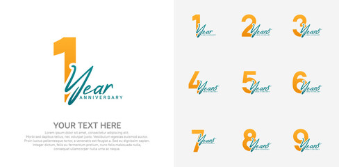 Anniversary logo set vector design, orange and blue color for celebration event