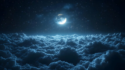Fototapeta premium Crescent Moon Over a Sea of Clouds at Night