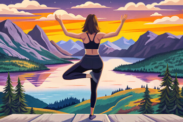 Fototapeta premium Amazing Back view of slim woman in black sportswear doing yoga exercise on one leg in mountains. sunset time vector