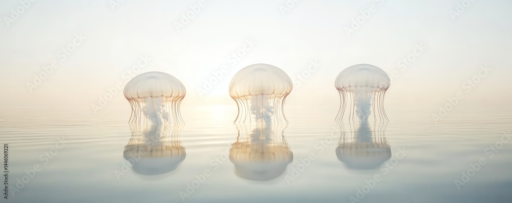 Poster three jellyfish float on the water with their reflections showing