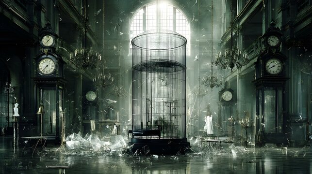 treadmill surrounded by clocks and broken glass symbols