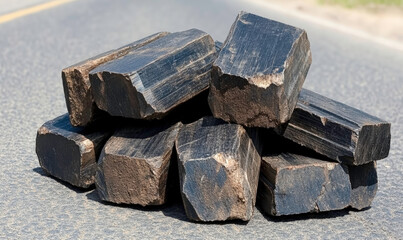 Natural Dark Black Crystals Formed in Geologic Processes Representing Stone Minerals on a Roadside Under Bright Sunlight Condition