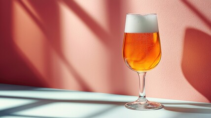 International beer day with foam alcohol idea. A glass of beer with shadows on a pink background.