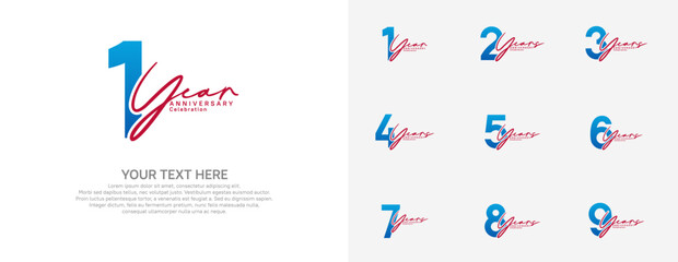 Anniversary logo set vector design, blue and red color for celebration event