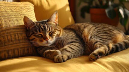 Sleepy tabby cat resting on a sunny couch