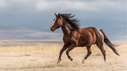 Obraz premium Wild Bay Horse Galloping Across Golden Prairie Under Stormy Sky