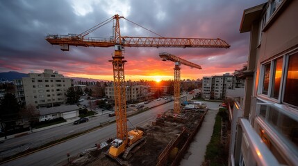 Urban Construction Site with Tower Cranes at Sunset in a Residential Area