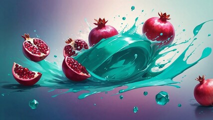 Grenades are flying, surrounded by bright turquoise liquid on a gradient background