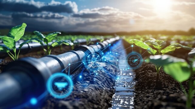 Innovative irrigation techniques agriculture fields technology implementation outdoor environment close-up view sustainable farming practices